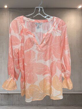 Tommy Bahama Coral Tropical Floral Blouse Small 3/4 Sleeve Flounce Cuff